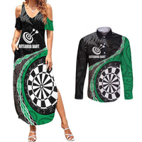Personalised New Zealand Darts Couples Matching Summer Maxi Dress and Long Sleeve Button Shirt Koru Tribal Tattoo and Silver Fern Maori Pattern Green Color LT03 Green - Polynesian Pride