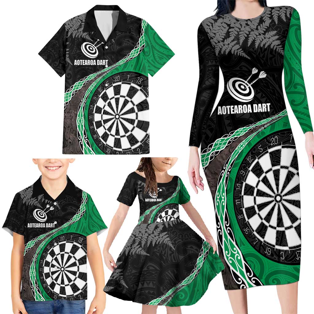 Personalised New Zealand Darts Family Matching Long Sleeve Bodycon Dress and Hawaiian Shirt Koru Tribal Tattoo and Silver Fern Maori Pattern Green Color