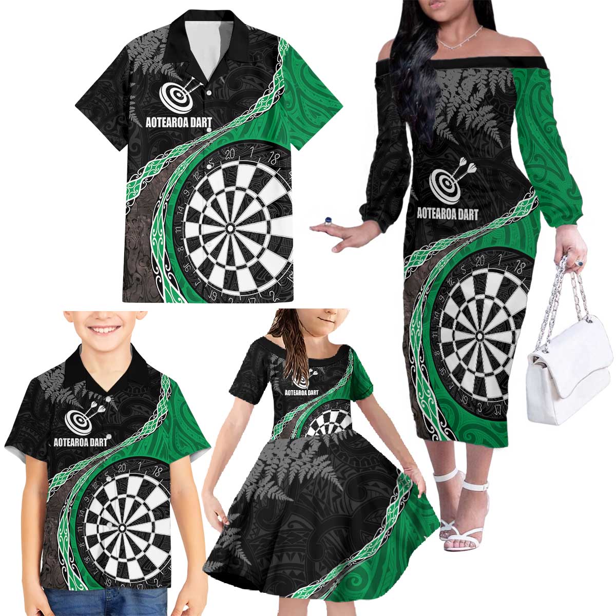 Personalised New Zealand Darts Family Matching Off The Shoulder Long Sleeve Dress and Hawaiian Shirt Koru Tribal Tattoo and Silver Fern Maori Pattern Green Color