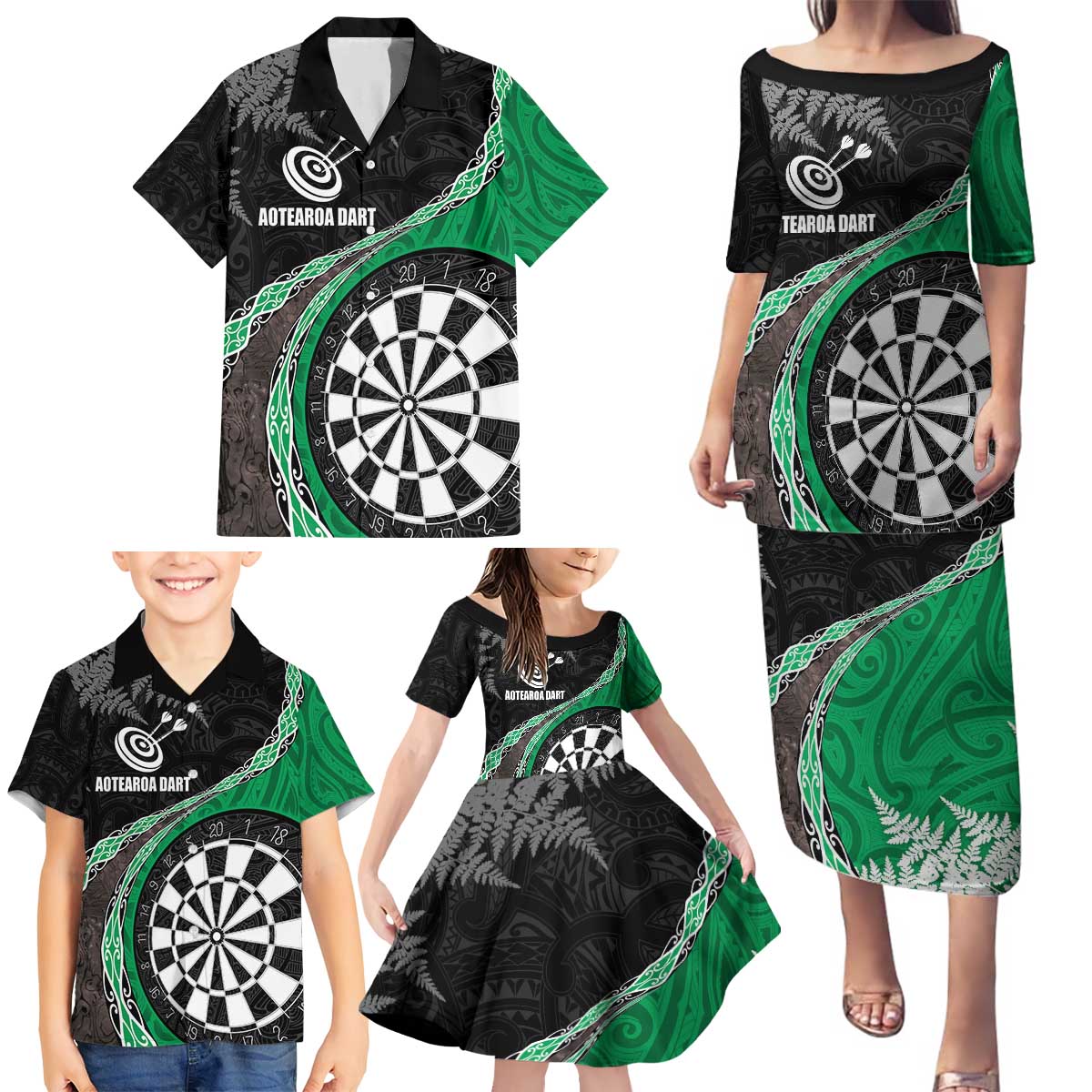 Personalised New Zealand Darts Family Matching Puletasi and Hawaiian Shirt Koru Tribal Tattoo and Silver Fern Maori Pattern Green Color LT03 - Polynesian Pride