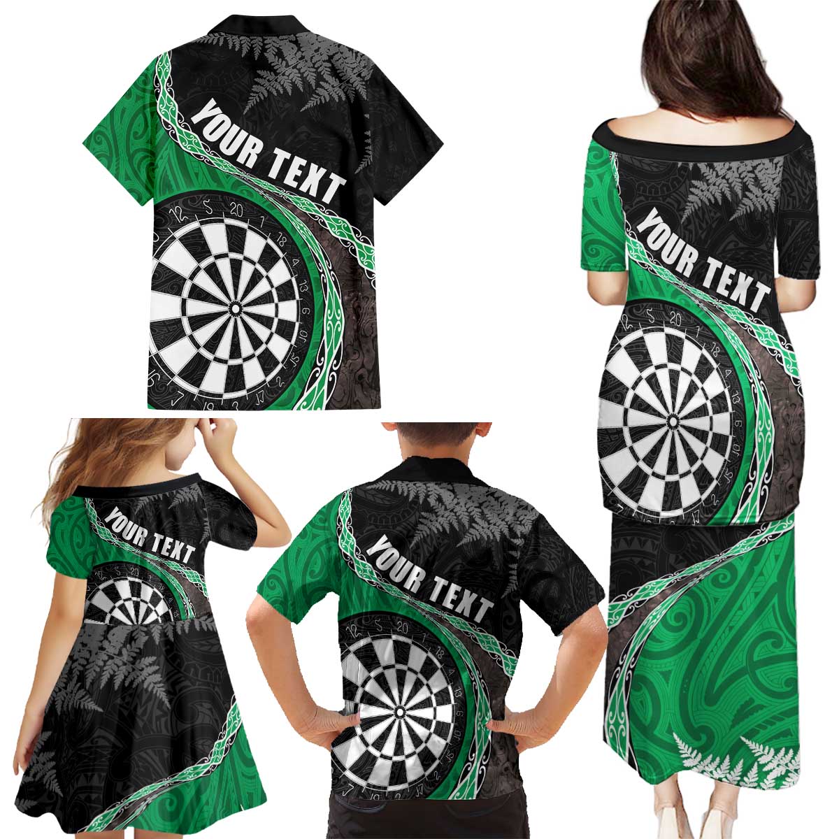 Personalised New Zealand Darts Family Matching Puletasi and Hawaiian Shirt Koru Tribal Tattoo and Silver Fern Maori Pattern Green Color LT03 - Polynesian Pride