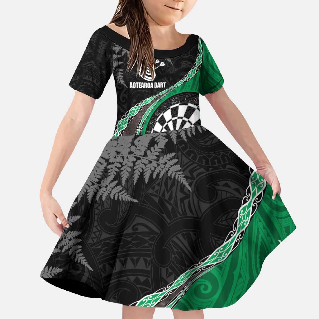 Personalised New Zealand Darts Family Matching Tank Maxi Dress and Hawaiian Shirt Koru Tribal Tattoo and Silver Fern Maori Pattern Green Color LT03 Daughter's Dress Green - Polynesian Pride