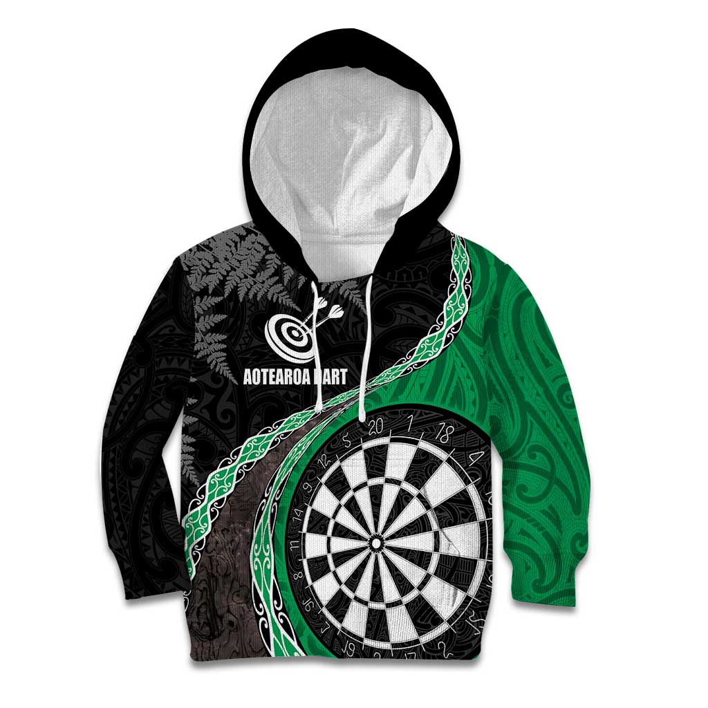 Personalised New Zealand Darts Kid Hoodie Koru Tribal Tattoo and Silver Fern Maori Pattern Green Color