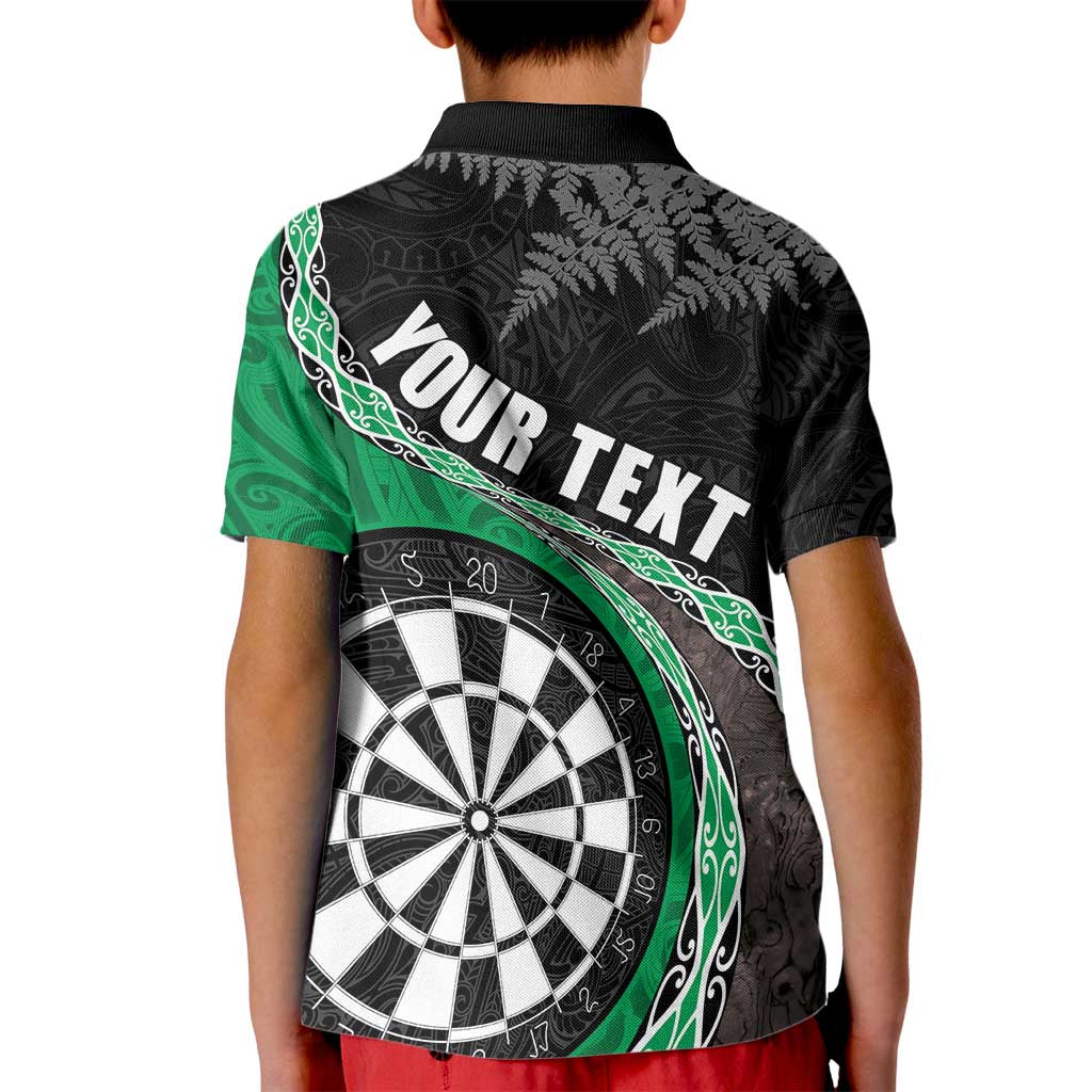 Personalised New Zealand Darts Kid Polo Shirt - Koru Tribal Tattoo and Silver Fern Maori Pattern Green LT03 - Polynesian Pride