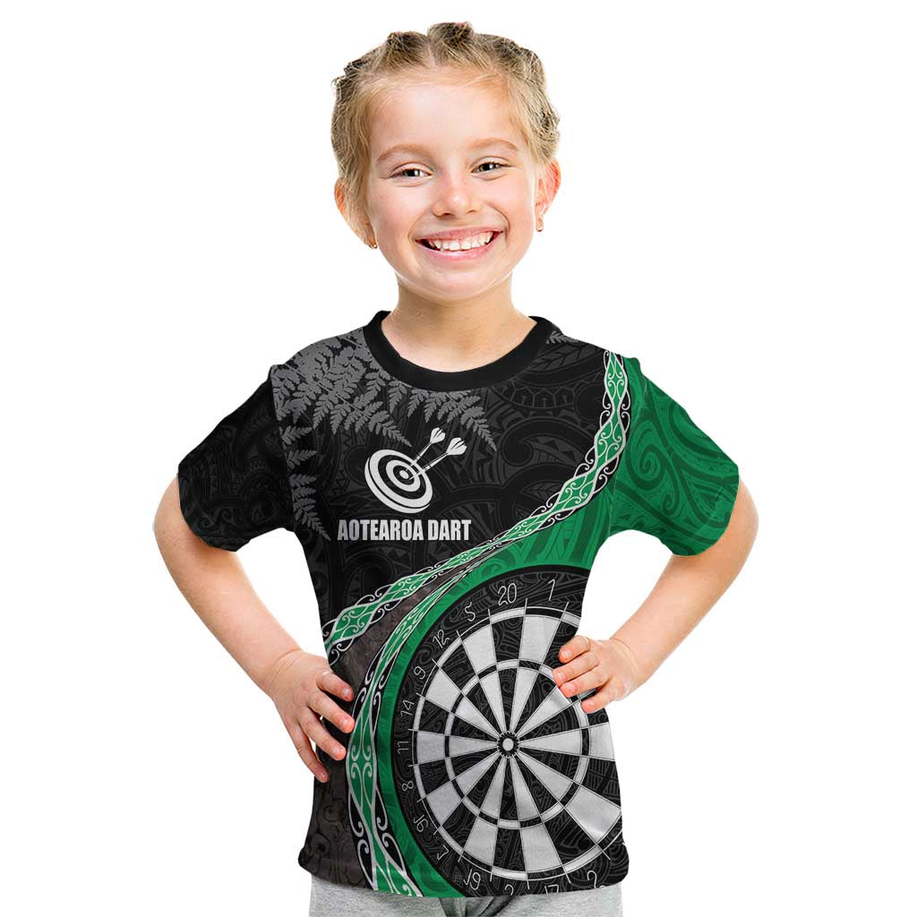 Personalised New Zealand Darts Kid T Shirt Koru Tribal Tattoo and Silver Fern Maori Pattern Green Color