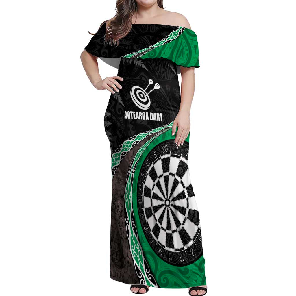 Personalised New Zealand Darts Off Shoulder Maxi Dress Koru Tribal Tattoo and Silver Fern Maori Pattern Green Color