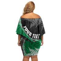 Personalised New Zealand Darts Off Shoulder Short Dress Koru Tribal Tattoo and Silver Fern Maori Pattern Green Color