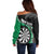 Personalised New Zealand Darts Off Shoulder Sweater Koru Tribal Tattoo and Silver Fern Maori Pattern Green Color