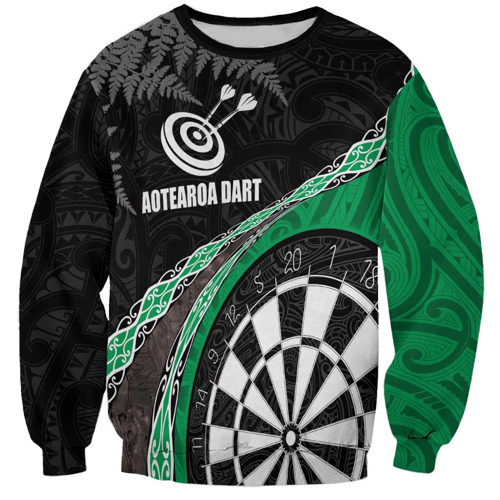 Personalised New Zealand Darts Sweatshirt Koru Tribal Tattoo and Silver Fern Maori Pattern Green Color LT03 Unisex Green - Polynesian Pride