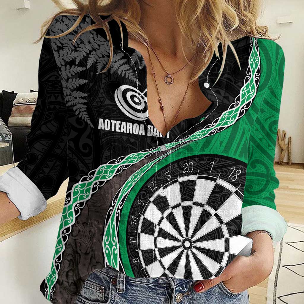 Personalised New Zealand Darts Women Casual Shirt Koru Tribal Tattoo and Silver Fern Maori Pattern Green Color LT03 Female Green - Polynesian Pride