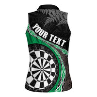 Personalised New Zealand Darts Women Sleeveless Polo Shirt Koru Tribal Tattoo and Silver Fern Maori Pattern Green Color