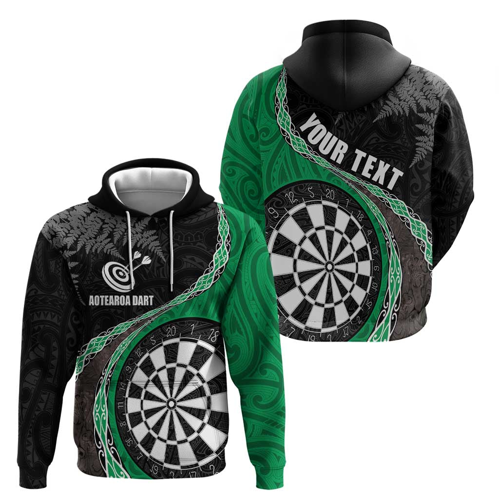 Personalised New Zealand Darts Zip Hoodie Koru Tribal Tattoo and Silver Fern Maori Pattern Green Color