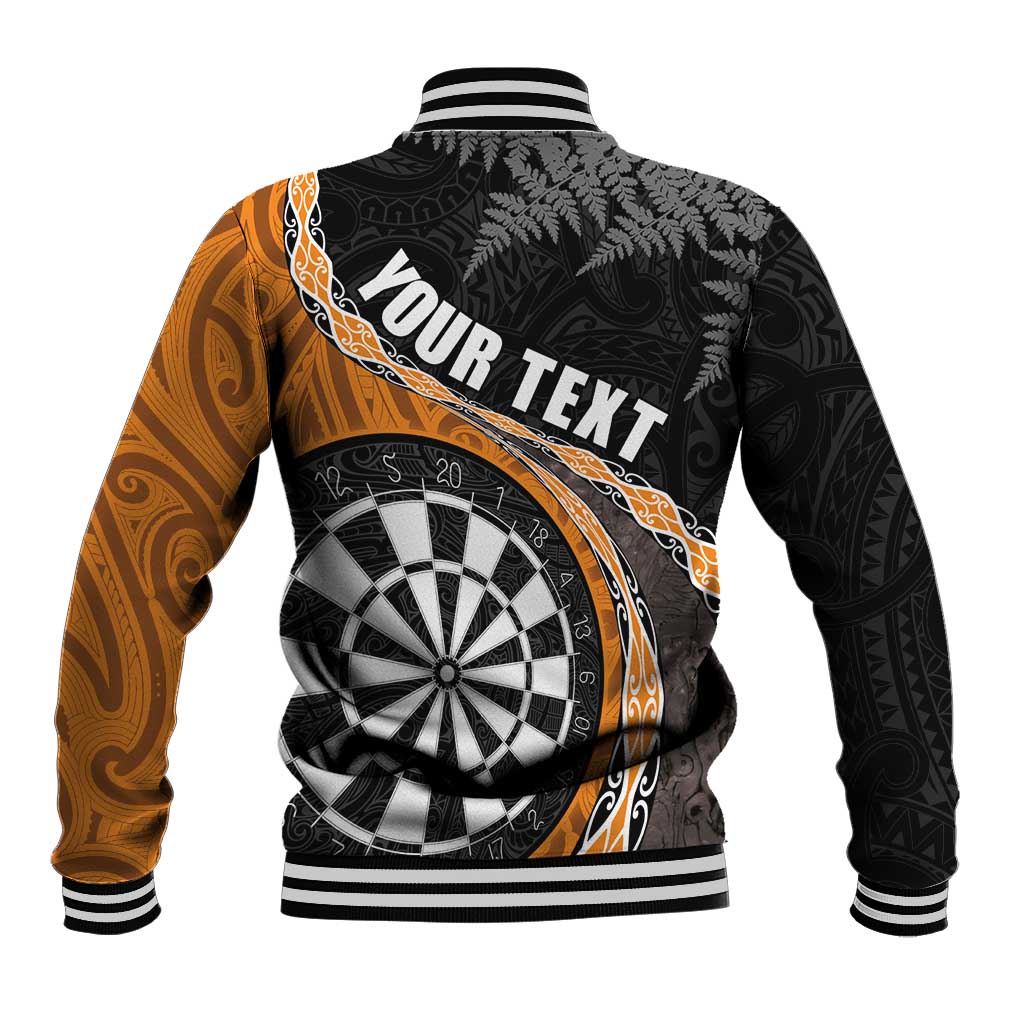 Personalised New Zealand Darts Baseball Jacket Koru Tribal Tattoo and Silver Fern Maori Pattern Orange Color LT03 - Polynesian Pride