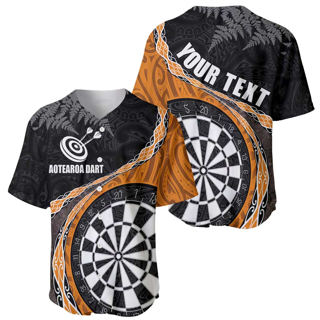 Personalised New Zealand Darts Baseball Jersey Koru Tribal Tattoo and Silver Fern Maori Pattern Orange Color LT03 - Polynesian Pride