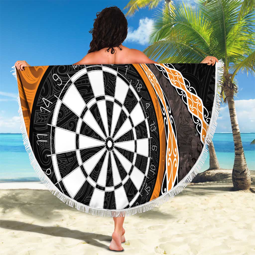 Personalised New Zealand Darts Beach Blanket Koru Tribal Tattoo and Silver Fern Maori Pattern Orange Color