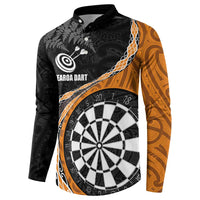 Personalised New Zealand Darts Button Sweatshirt Koru Tribal Tattoo and Silver Fern Maori Pattern Orange Color LT03 - Polynesian Pride