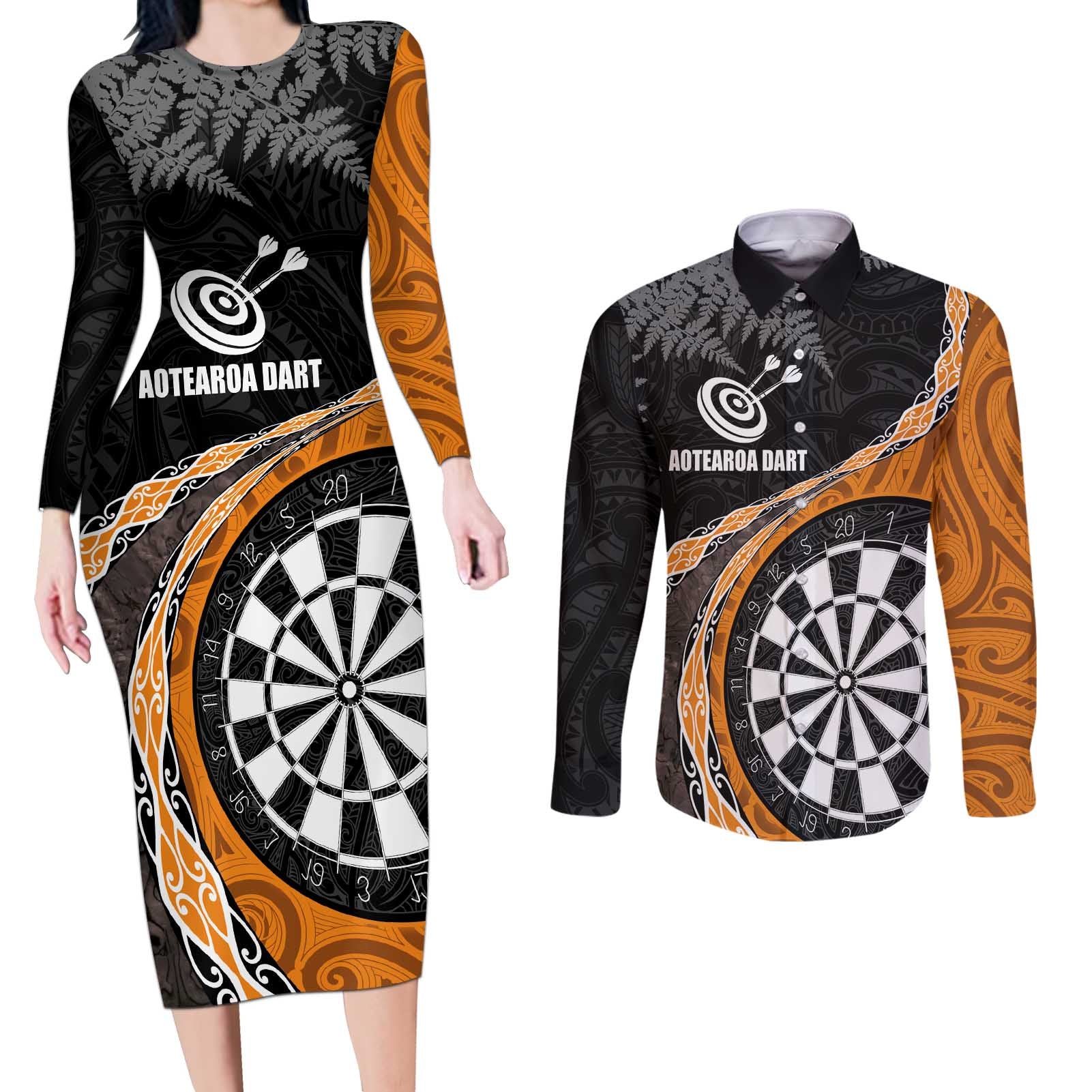 Personalised New Zealand Darts Couples Matching Long Sleeve Bodycon Dress and Long Sleeve Button Shirt Koru Tribal Tattoo and Silver Fern Maori Pattern Orange Color