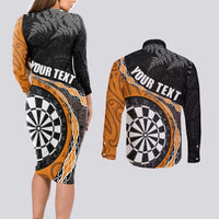Personalised New Zealand Darts Couples Matching Long Sleeve Bodycon Dress and Long Sleeve Button Shirt Koru Tribal Tattoo and Silver Fern Maori Pattern Orange Color LT03 - Polynesian Pride