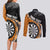 Personalised New Zealand Darts Couples Matching Long Sleeve Bodycon Dress and Long Sleeve Button Shirt Koru Tribal Tattoo and Silver Fern Maori Pattern Orange Color