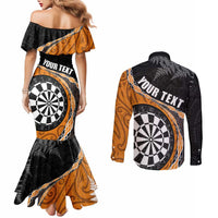 Personalised New Zealand Darts Couples Matching Mermaid Dress and Long Sleeve Button Shirt Koru Tribal Tattoo and Silver Fern Maori Pattern Orange Color LT03 - Polynesian Pride