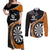 Personalised New Zealand Darts Couples Matching Off Shoulder Maxi Dress and Long Sleeve Button Shirt Koru Tribal Tattoo and Silver Fern Maori Pattern Orange Color