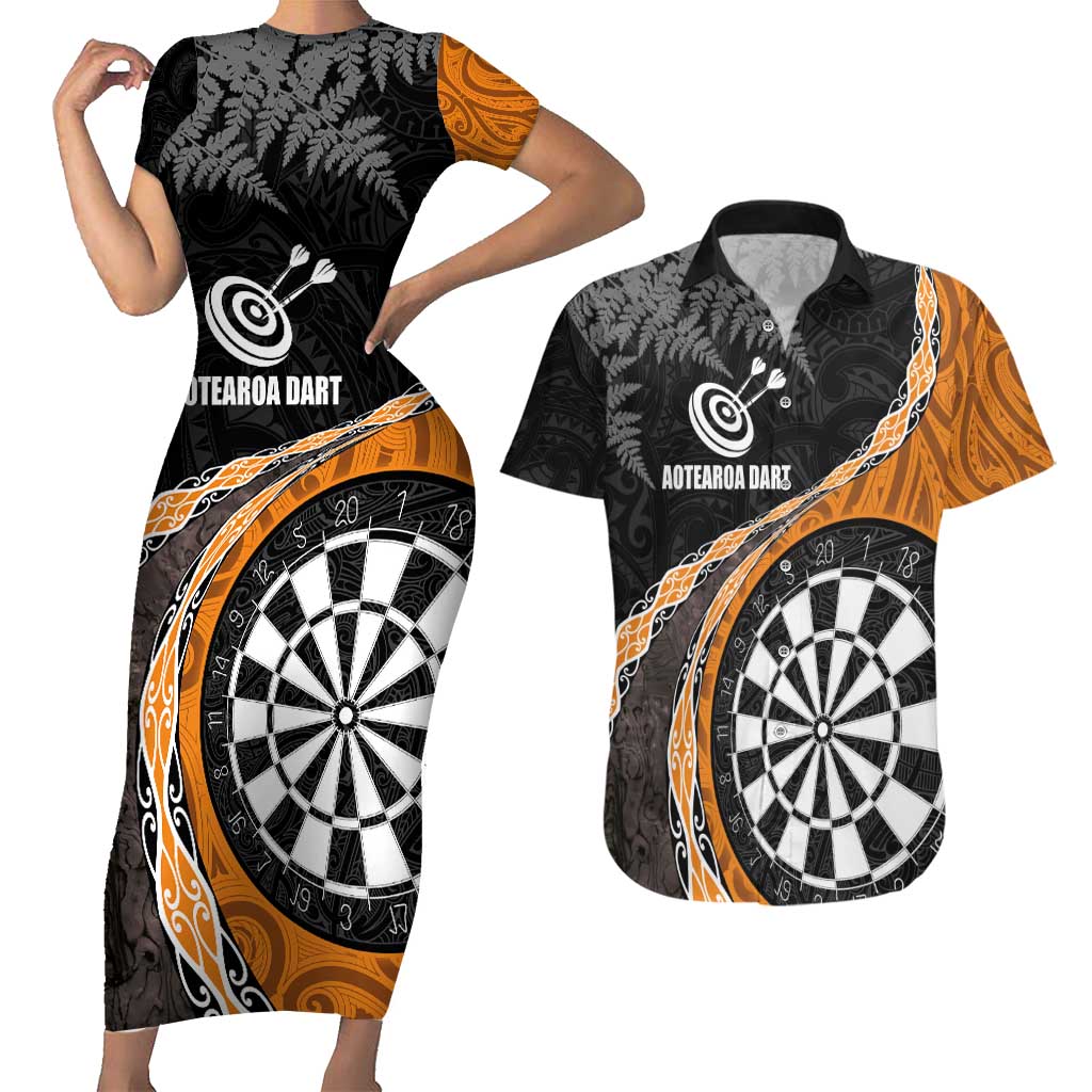 Personalised New Zealand Darts Couples Matching Short Sleeve Bodycon Dress and Hawaiian Shirt Koru Tribal Tattoo and Silver Fern Maori Pattern Orange Color