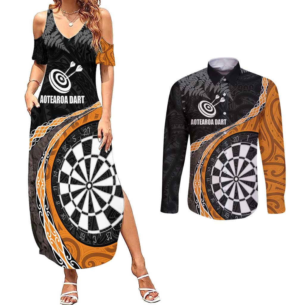 Personalised New Zealand Darts Couples Matching Summer Maxi Dress and Long Sleeve Button Shirt Koru Tribal Tattoo and Silver Fern Maori Pattern Orange Color LT03 Orange - Polynesian Pride