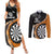 Personalised New Zealand Darts Couples Matching Summer Maxi Dress and Long Sleeve Button Shirt Koru Tribal Tattoo and Silver Fern Maori Pattern Orange Color