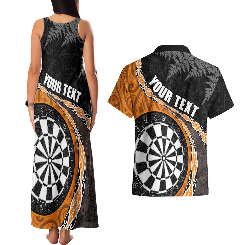 Personalised New Zealand Darts Couples Matching Tank Maxi Dress and Hawaiian Shirt Koru Tribal Tattoo and Silver Fern Maori Pattern Orange Color LT03 - Polynesian Pride