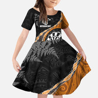 Personalised New Zealand Darts Family Matching Mermaid Dress and Hawaiian Shirt Koru Tribal Tattoo and Silver Fern Maori Pattern Orange Color LT03 Daughter's Dress Orange - Polynesian Pride