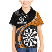 Personalised New Zealand Darts Family Matching Mermaid Dress and Hawaiian Shirt Koru Tribal Tattoo and Silver Fern Maori Pattern Orange Color LT03 Son's Shirt Orange - Polynesian Pride