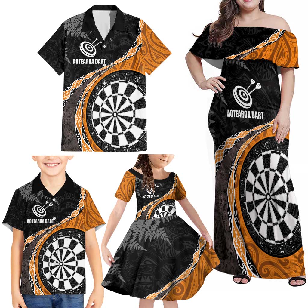 Personalised New Zealand Darts Family Matching Off Shoulder Maxi Dress and Hawaiian Shirt Koru Tribal Tattoo and Silver Fern Maori Pattern Orange Color