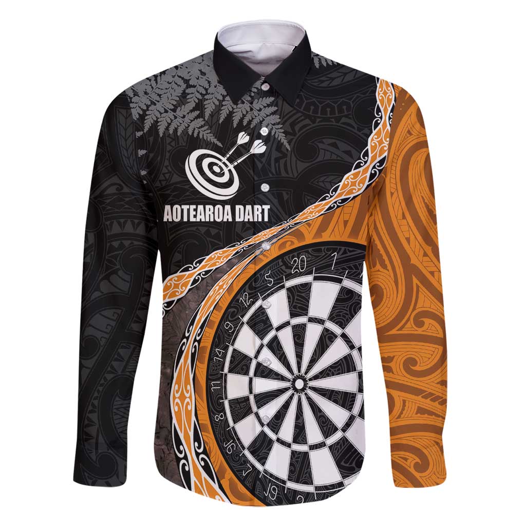 Personalised New Zealand Darts Family Matching Off Shoulder Maxi Dress and Hawaiian Shirt Koru Tribal Tattoo and Silver Fern Maori Pattern Orange Color LT03 Dad's Shirt - Long Sleeve Orange - Polynesian Pride