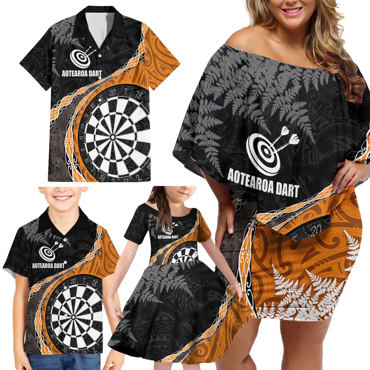 Personalised New Zealand Darts Family Matching Off Shoulder Short Dress and Hawaiian Shirt Koru Tribal Tattoo and Silver Fern Maori Pattern Orange Color