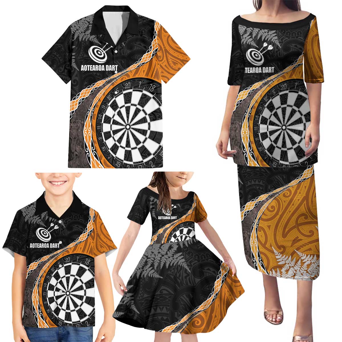 Personalised New Zealand Darts Family Matching Puletasi and Hawaiian Shirt Koru Tribal Tattoo and Silver Fern Maori Pattern Orange Color