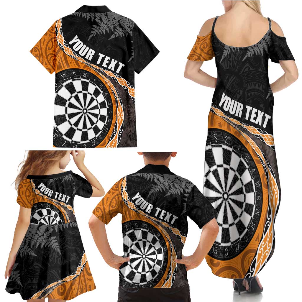 Personalised New Zealand Darts Family Matching Summer Maxi Dress and Hawaiian Shirt Koru Tribal Tattoo and Silver Fern Maori Pattern Orange Color LT03 - Polynesian Pride