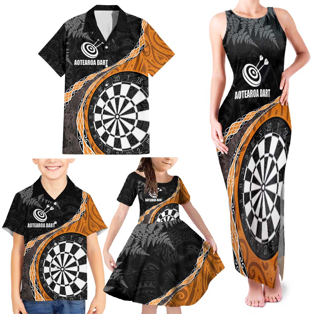 Personalised New Zealand Darts Family Matching Tank Maxi Dress and Hawaiian Shirt Koru Tribal Tattoo and Silver Fern Maori Pattern Orange Color LT03 - Polynesian Pride