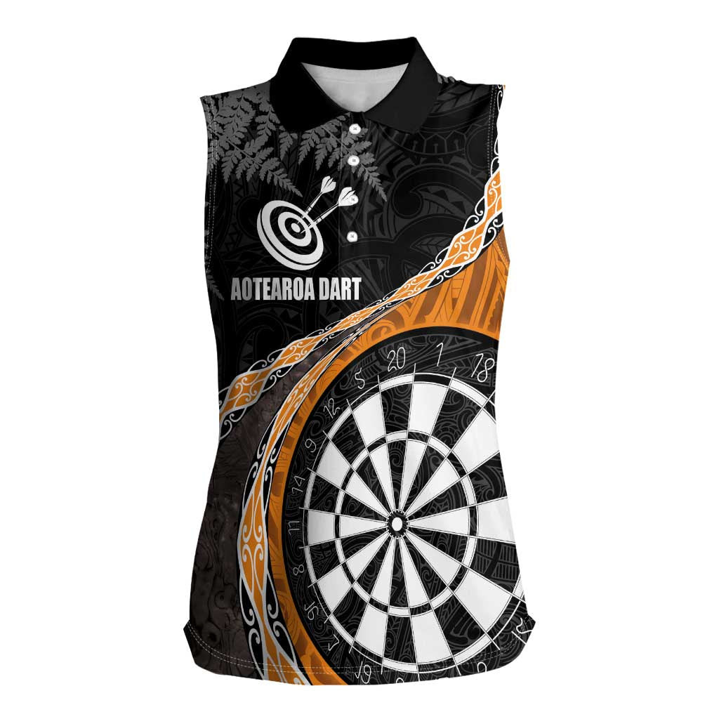 Personalised New Zealand Darts Women Sleeveless Polo Shirt Koru Tribal Tattoo and Silver Fern Maori Pattern Orange Color