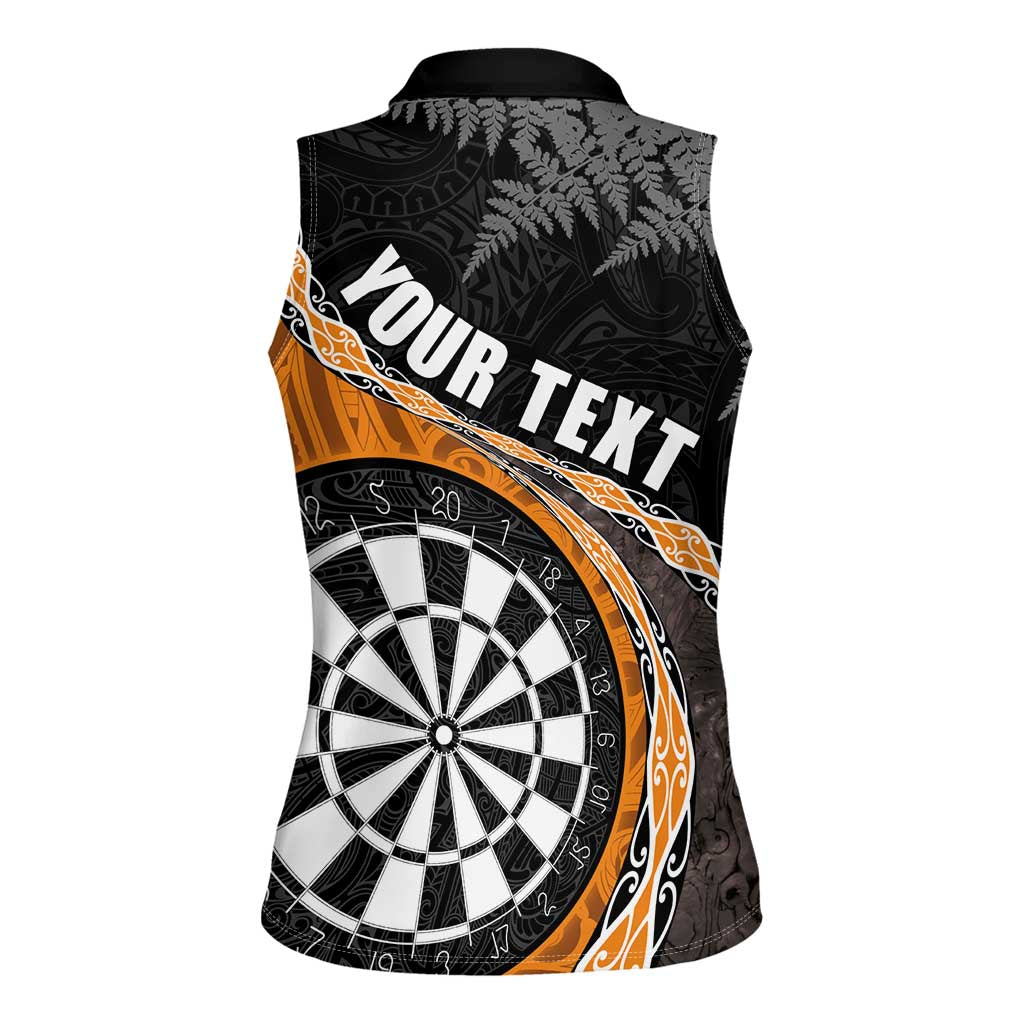 Personalised New Zealand Darts Women Sleeveless Polo Shirt Koru Tribal Tattoo and Silver Fern Maori Pattern Orange Color