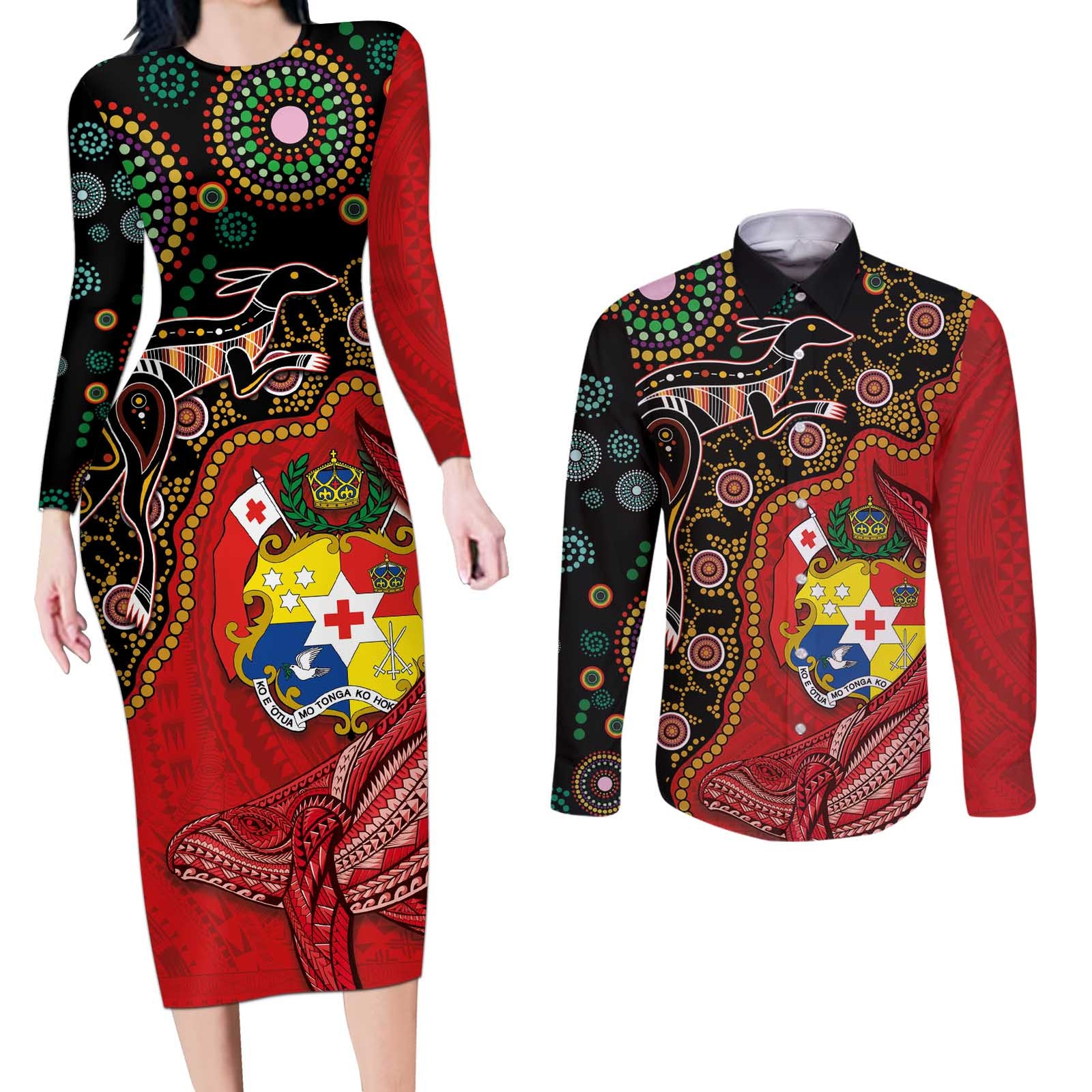 Tonga Ngatu and Australia Together Couples Matching Long Sleeve Bodycon Dress and Long Sleeve Button Shirt Polynesian Humpback Whale and Aboriginal Kangaroo