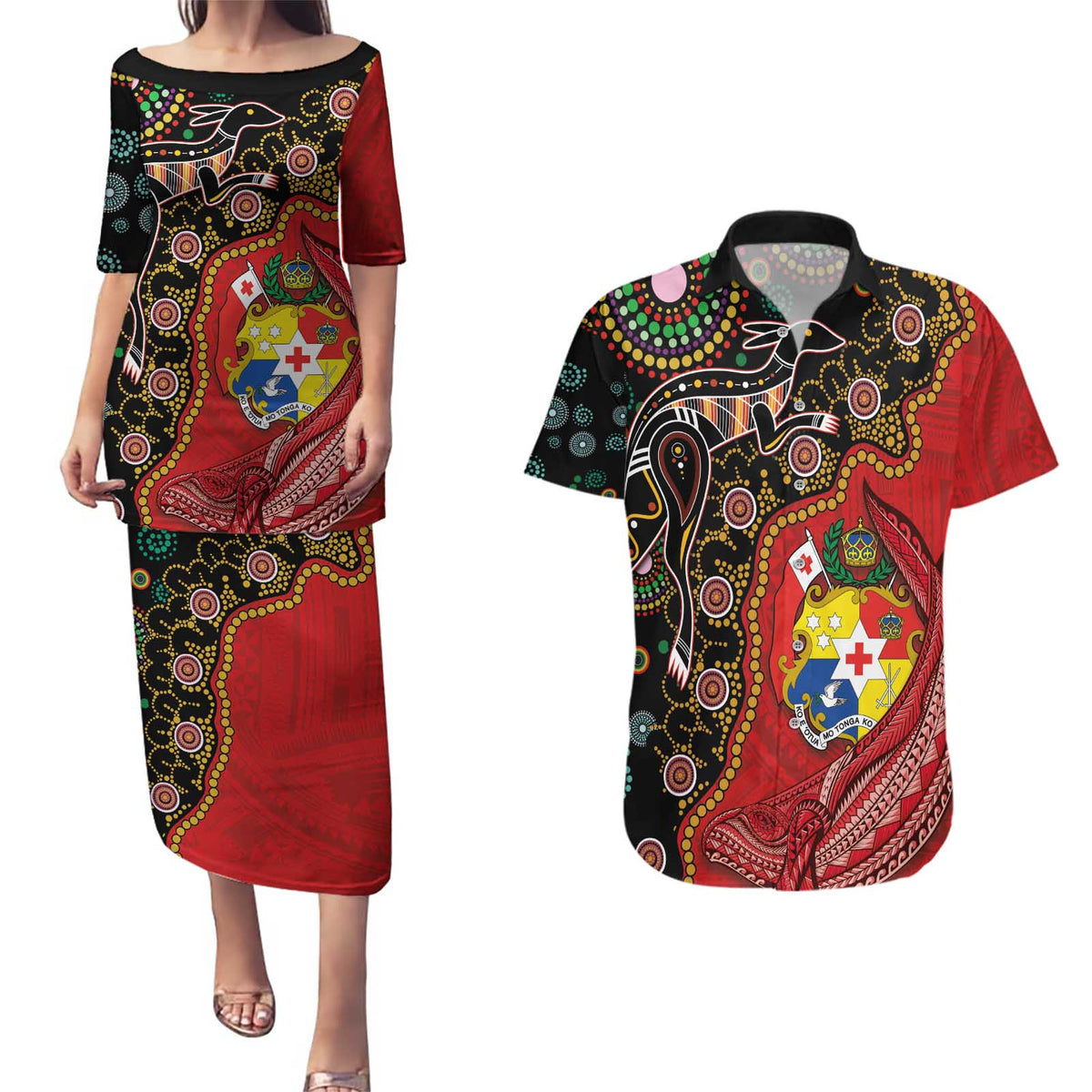 Tonga Ngatu and Australia Together Couples Matching Puletasi and Hawaiian Shirt Polynesian Humpback Whale and Aboriginal Kangaroo