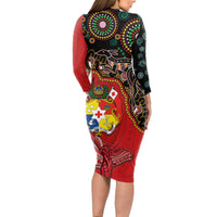 Tonga Ngatu and Australia Together Long Sleeve Bodycon Dress Polynesian Humpback Whale and Aboriginal Kangaroo