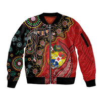 Tonga Ngatu and Australia Together Sleeve Zip Bomber Jacket Polynesian Humpback Whale and Aboriginal Kangaroo