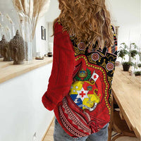 Tonga Ngatu and Australia Together Women Casual Shirt Polynesian Humpback Whale and Aboriginal Kangaroo