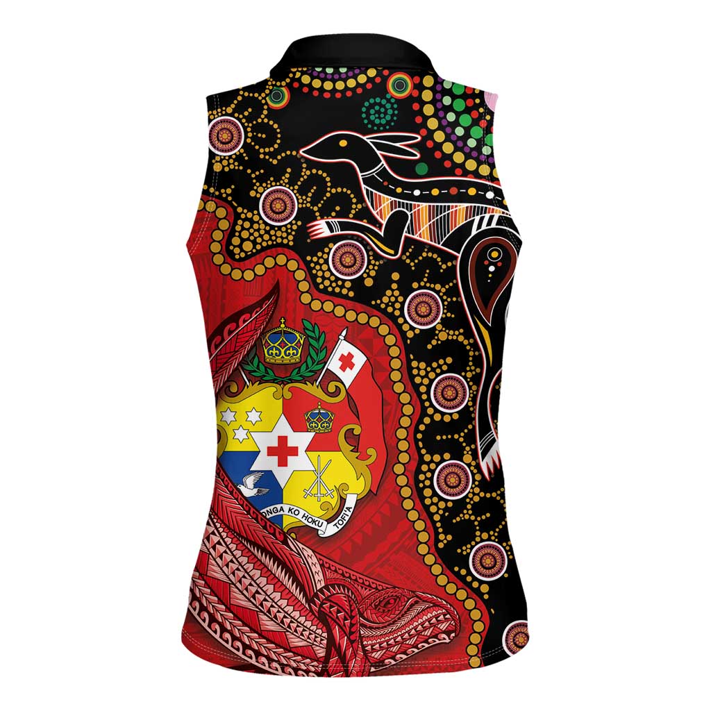 Tonga Ngatu and Australia Together Women Sleeveless Polo Shirt Polynesian Humpback Whale and Aboriginal Kangaroo