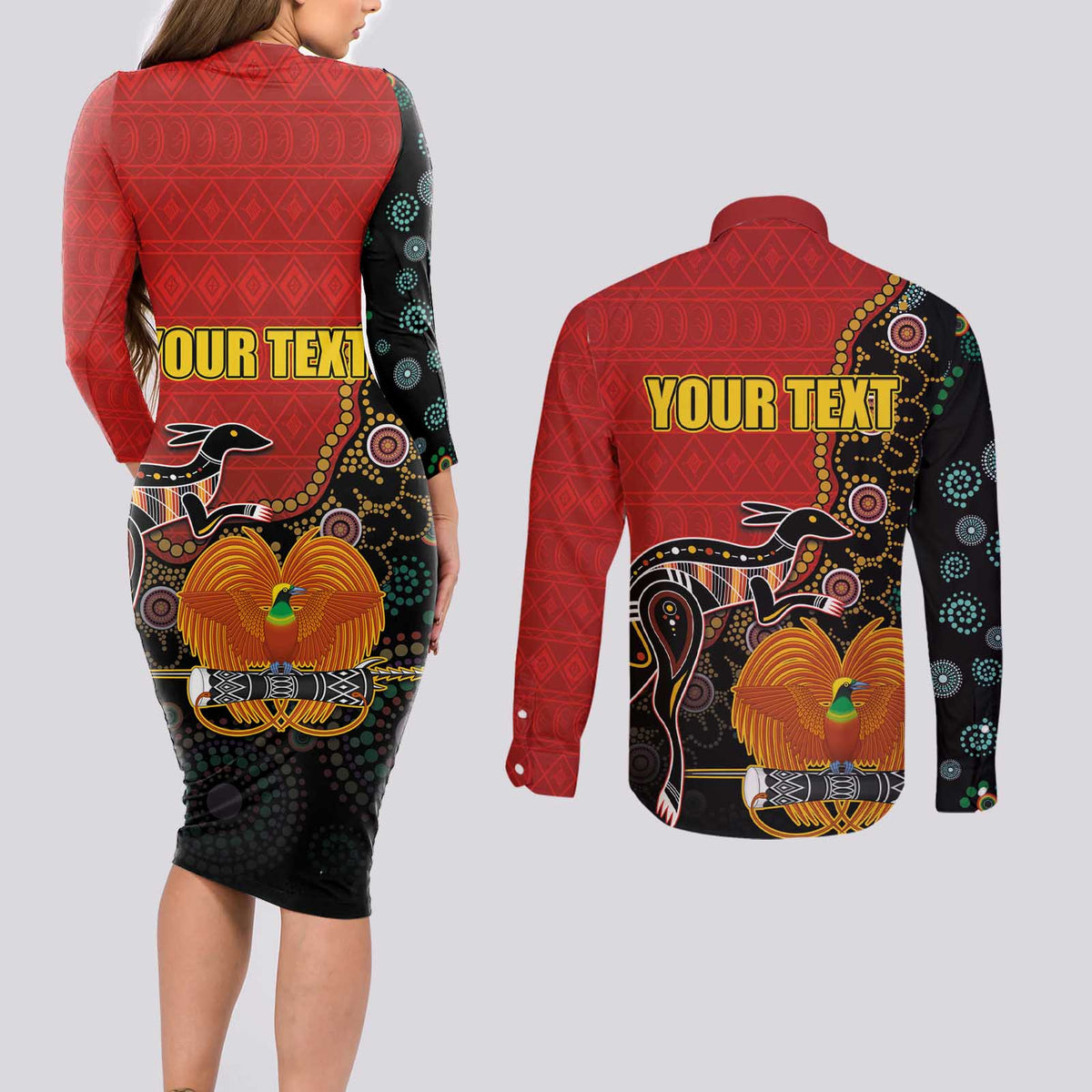 Personalised Papua New Guinea and Australia Together Couples Matching Long Sleeve Bodycon Dress and Long Sleeve Button Shirt Bird-of-paradise and Kangaroo with Aboriginal Pattern