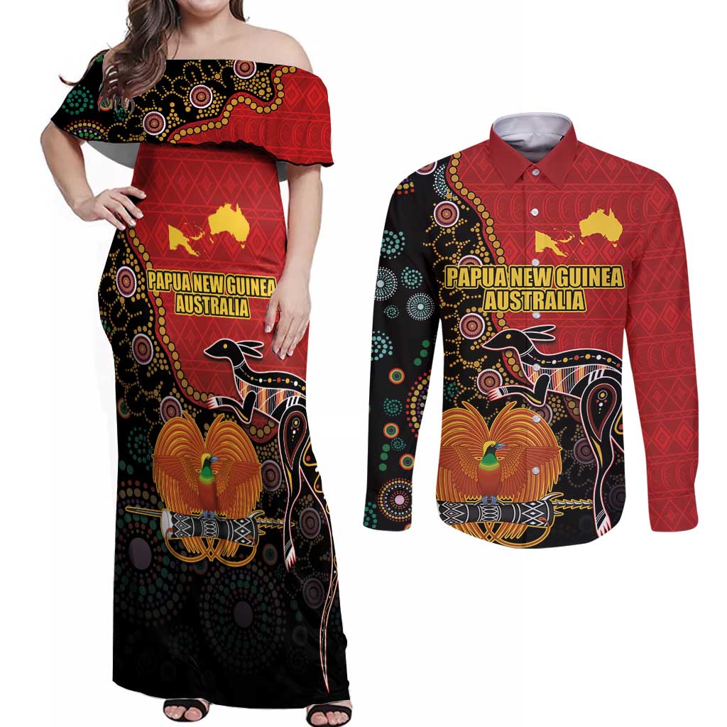 Personalised Papua New Guinea and Australia Together Couples Matching Off Shoulder Maxi Dress and Long Sleeve Button Shirt Bird-of-paradise and Kangaroo with Aboriginal Pattern