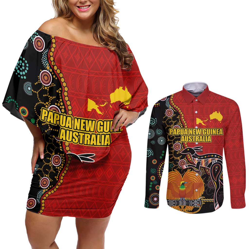 Personalised Papua New Guinea and Australia Together Couples Matching Off Shoulder Short Dress and Long Sleeve Button Shirt Bird-of-paradise and Kangaroo with Aboriginal Pattern