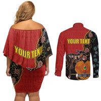 Personalised Papua New Guinea and Australia Together Couples Matching Off Shoulder Short Dress and Long Sleeve Button Shirt Bird-of-paradise and Kangaroo with Aboriginal Pattern