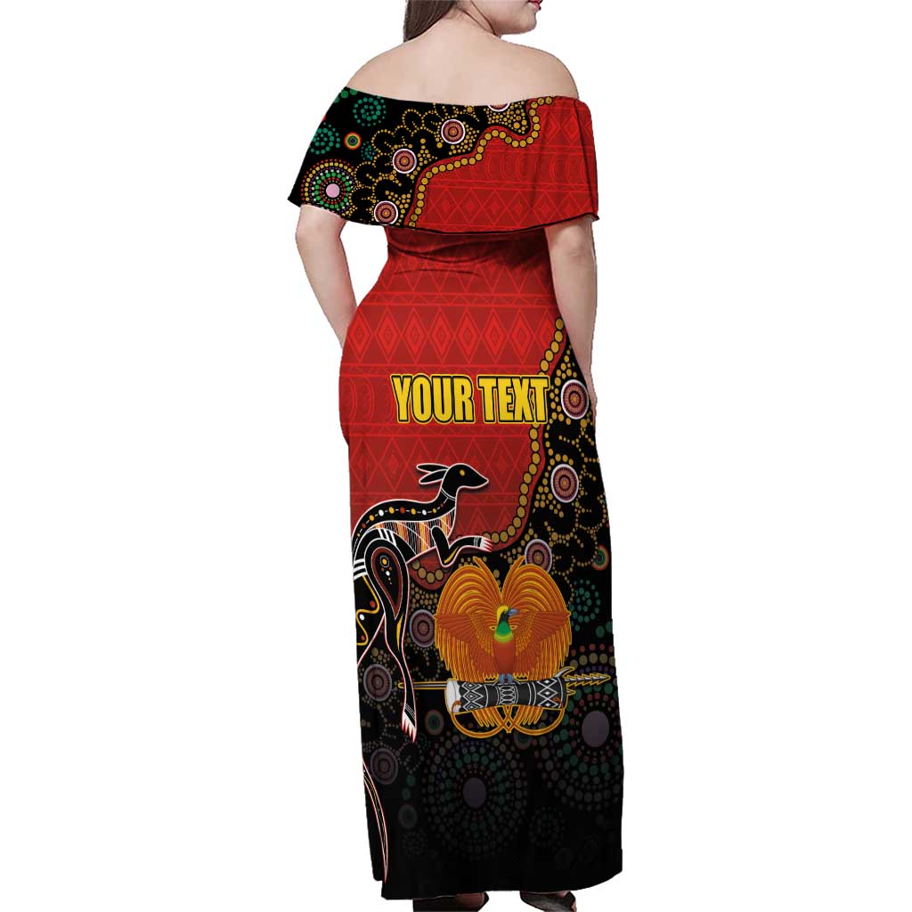 Personalised Papua New Guinea and Australia Together Family Matching Off Shoulder Maxi Dress and Hawaiian Shirt Bird-of-paradise and Kangaroo with Aboriginal Pattern